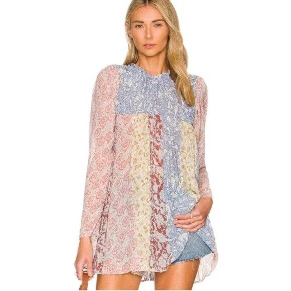 Free People Merrie Mix Floral Print Smocked Chiffon Tunic Rouched Blouse Lilac - Picture 2 of 16